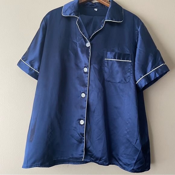 Other - Short Sleeve Navy Blue Button Up Women's Satin Pajama Set Bridesmaid Bridal